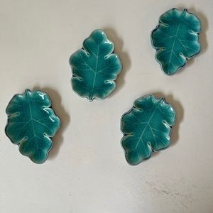 Dishes Celadon Blue Green Crackle Leaf Shape Japanese Ceramic  4.5x 4"
